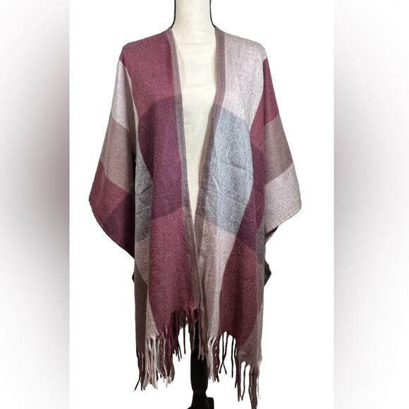 Unknown Accessories - Plaid Burgundy & Gray Fringe Poncho